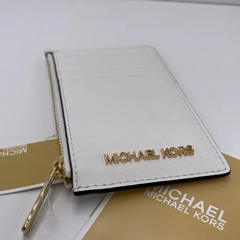 Michael Kors Jet Set Travel Medium Leather Zip Around Card Case Optic White NWT